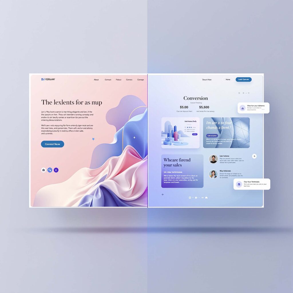 Split-screen comparison of a beautiful artistic website design versus a conversion-optimized layout, joined by a harmonious middle section
