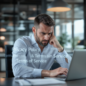 "Concerned business owner sitting at a desk, reviewing a laptop screen with faint legal terms like 'Privacy Policy' and 'Terms of Service' in the background."